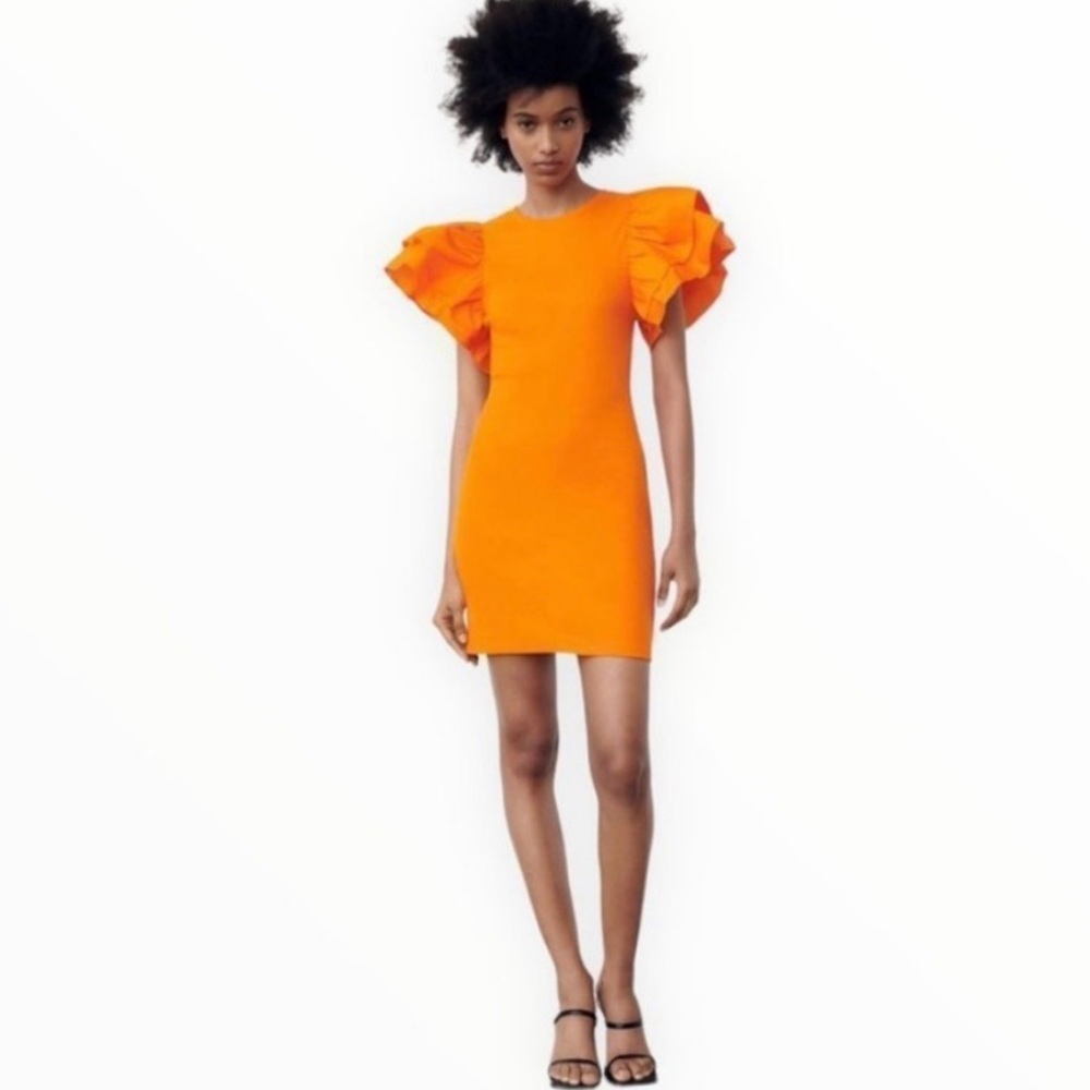 NWT ZARA SALE Ruffle Sleeve Ribbed Mini Dress Orange Small